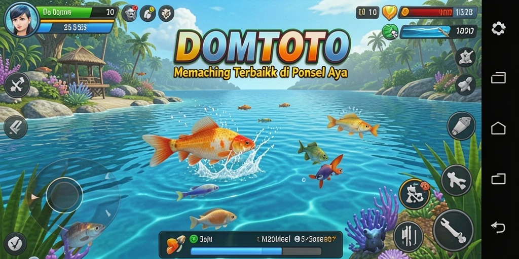Tampilan gameplay menarik dari DOMTOTO saat memancing di berbagai lokasi.