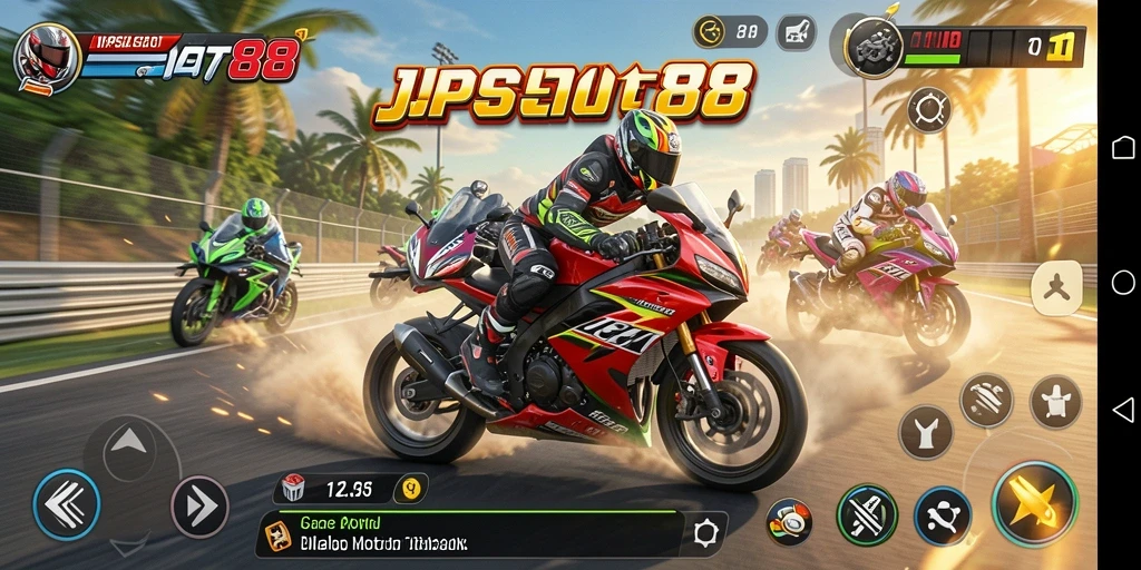 Screenshot gameplay JPSLOT88 menampilkan aksi balap motor yang seru.
