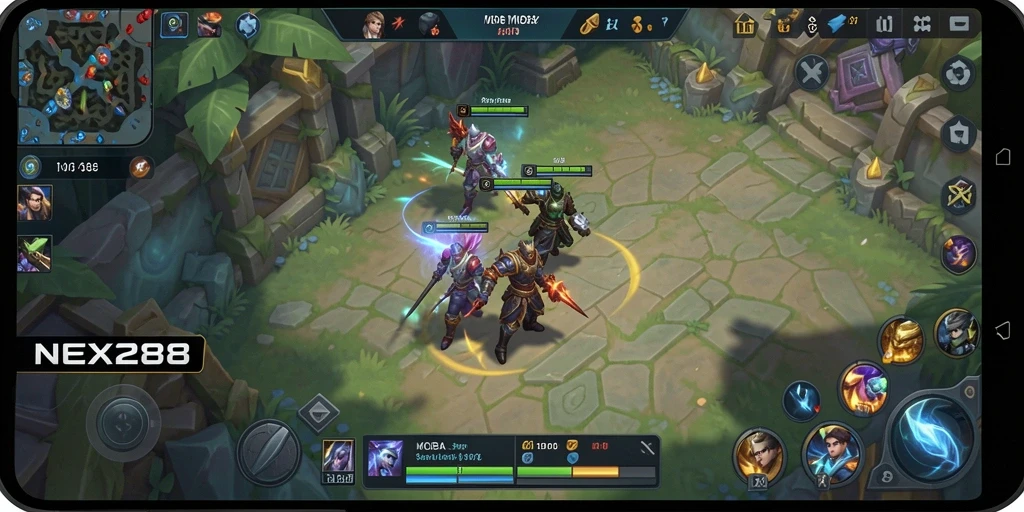Screenshot gameplay <strong>NEX288</strong> dengan pertempuran seru antara dua tim.