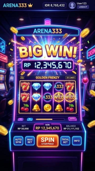 Screenshot aplikasi arena333 menampilkan berbagai kategori yang tersedia.